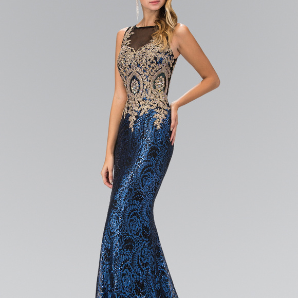 Floor Length Dress with Gold Lace GL1319 - Picture 1 of 3